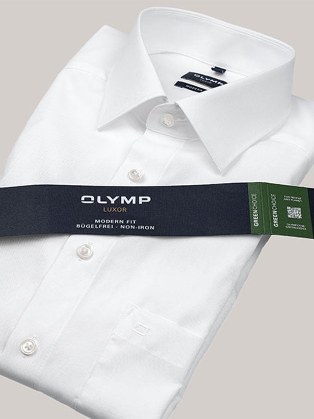 Folded white OLYMP business shirt.