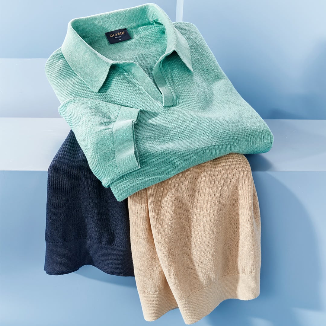 Tre polo OLYMP in maglia: verde menta, beige e blu scuro.